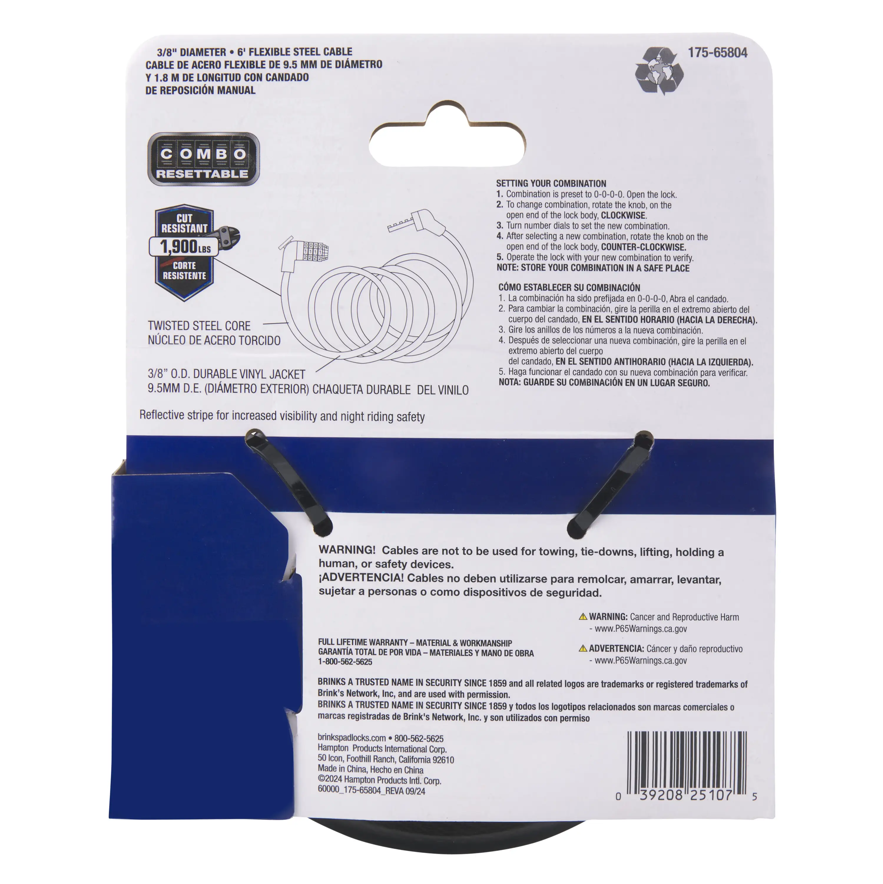 Brinks Covered 3/8in (10mm) x 6ft (1.8m) Flexible Steel Cable Resettable Lock variant image view