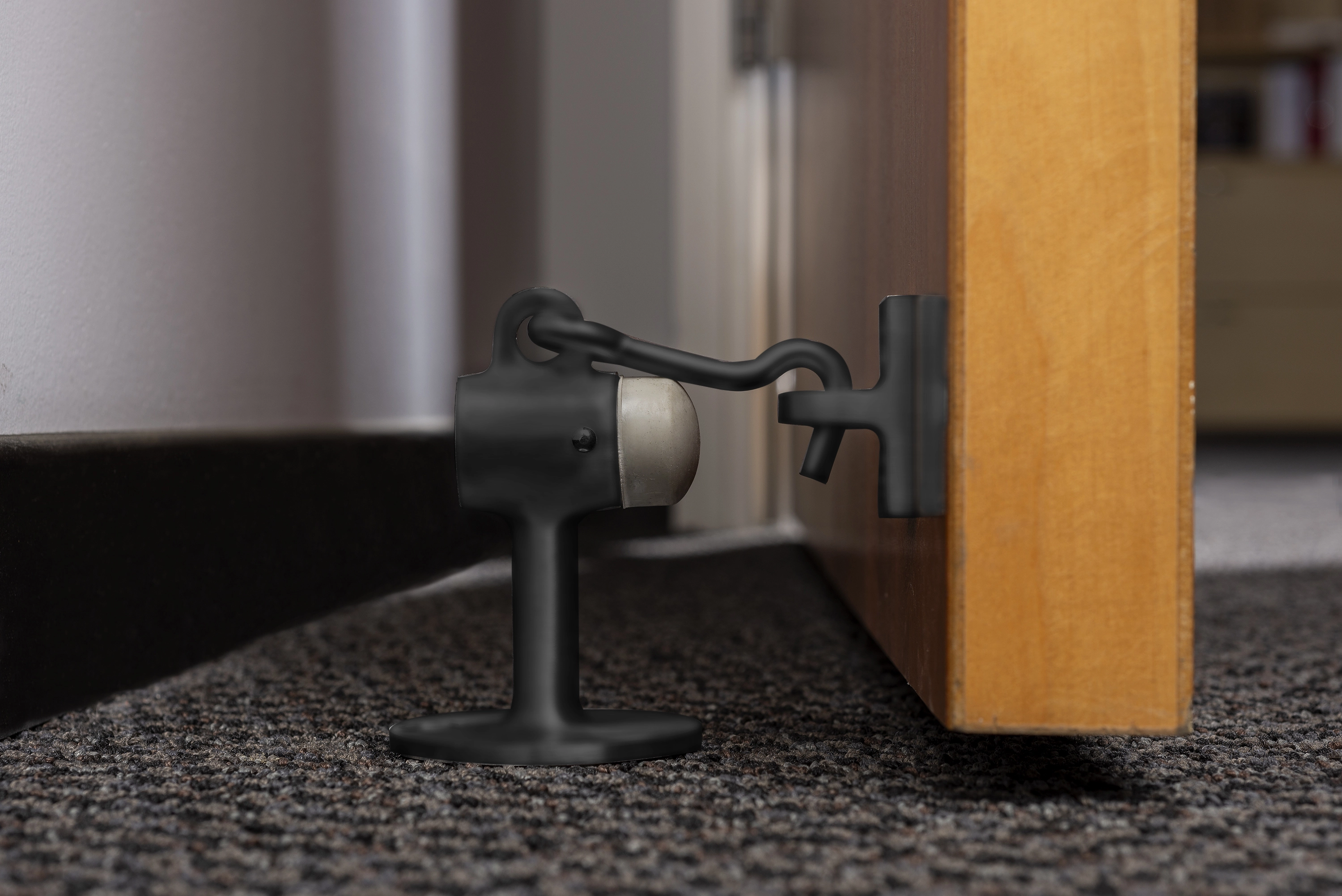 Floor Mount Door Stop w Holder, Matte Black