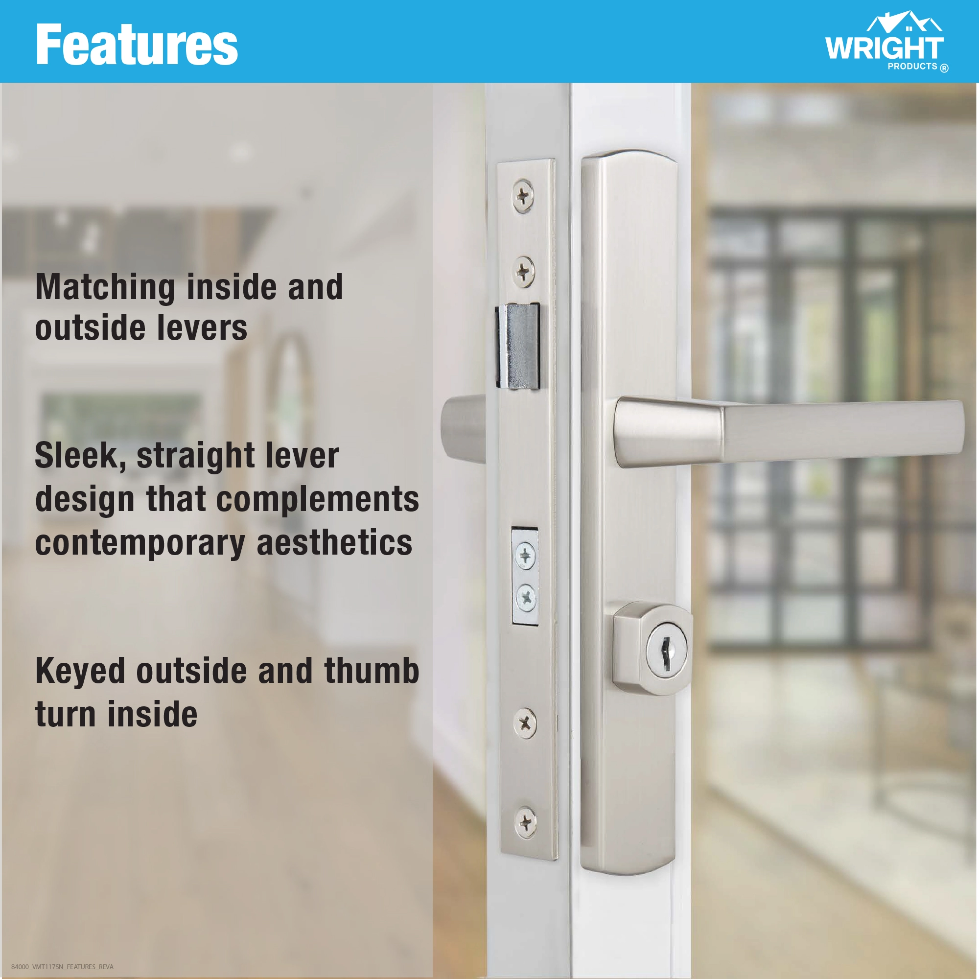 Ventana Contemporary Mortise Keyed Lever Mount Latch with Deadbolt variant image view
