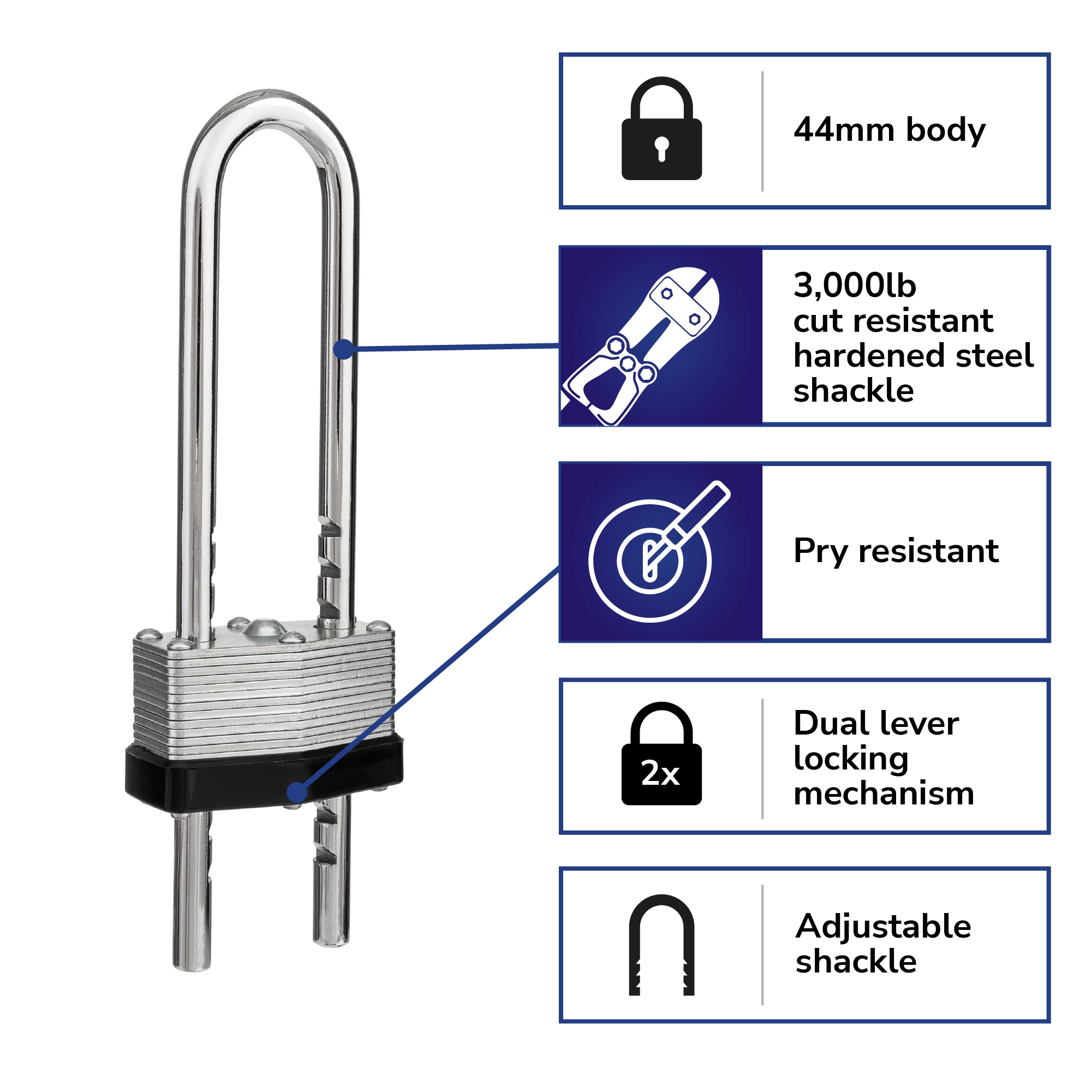 44mm Laminated Steel Keyed Padlock, Adjustable Shackle variant image view