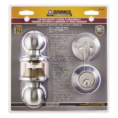 BRINKS Commercial - Keyed Entry Door Knob with Deadbolt Set, Satin Chrome Finish - Meets ANSI Grade 2 Standards and is ADA Compliant